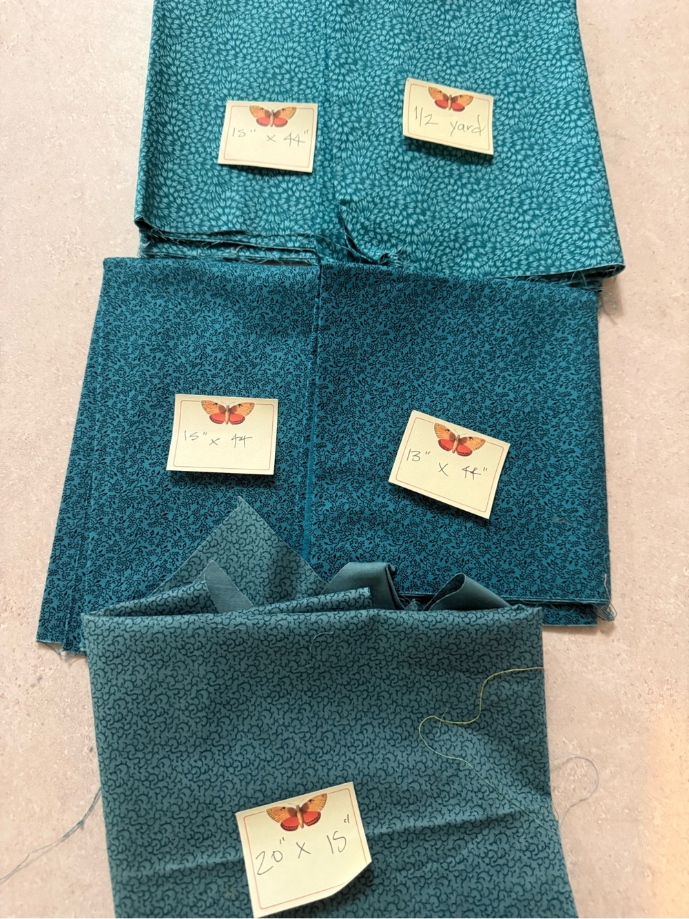 Teal Patterned Cotton Fabric Pieces for Home Fiber Art Projects
